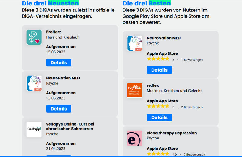 Die neuesten und bestbewerteten Apps im DiGA-Verzeichnis