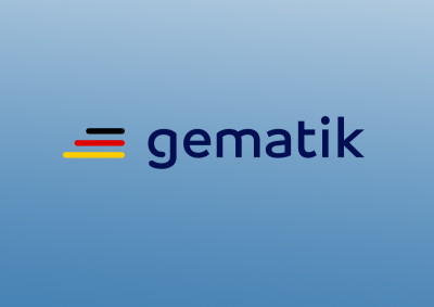 Gematik Logo auf Blauem Hintergrund , Gematik Logo auf Blauem Hintergrund ,