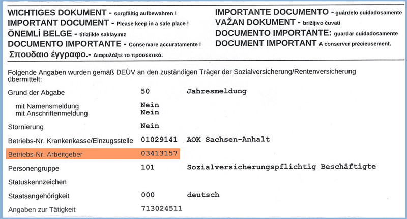 Betriebsnummer des Arbeitgebers auf der SV-Jahresmeldung 
