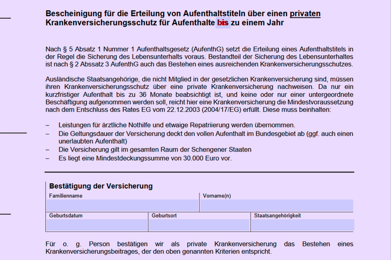 Bescheinigung &uuml;ber Krankenversicherungsschutz f&uuml;r Ausl&auml;nderbeh&ouml;rde