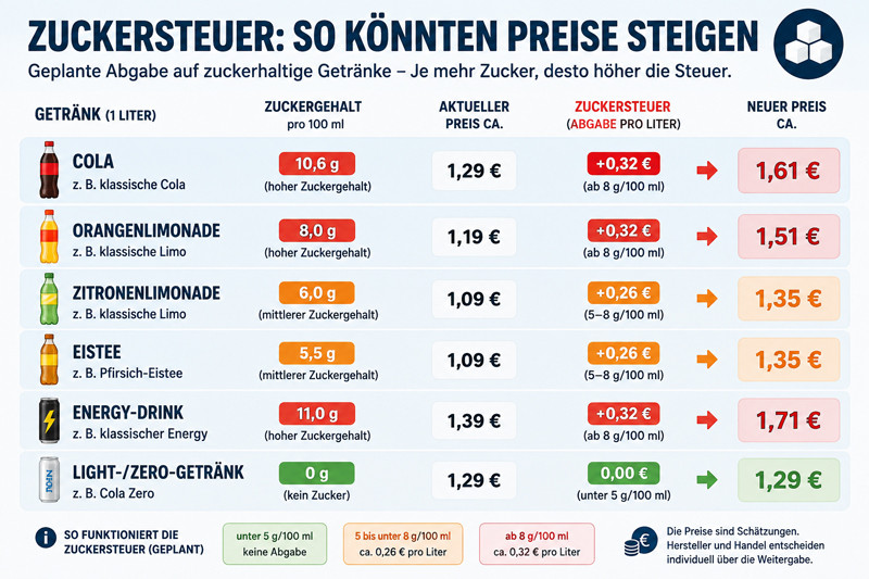 M&ouml;gliche Preissteigerungen durch die neue Zuckersteuer ab 2027