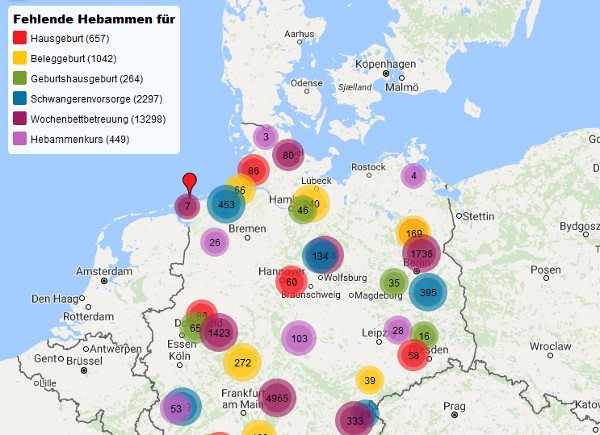 digitale Landkarte der Hebammen-Unterversorgung des DHV
