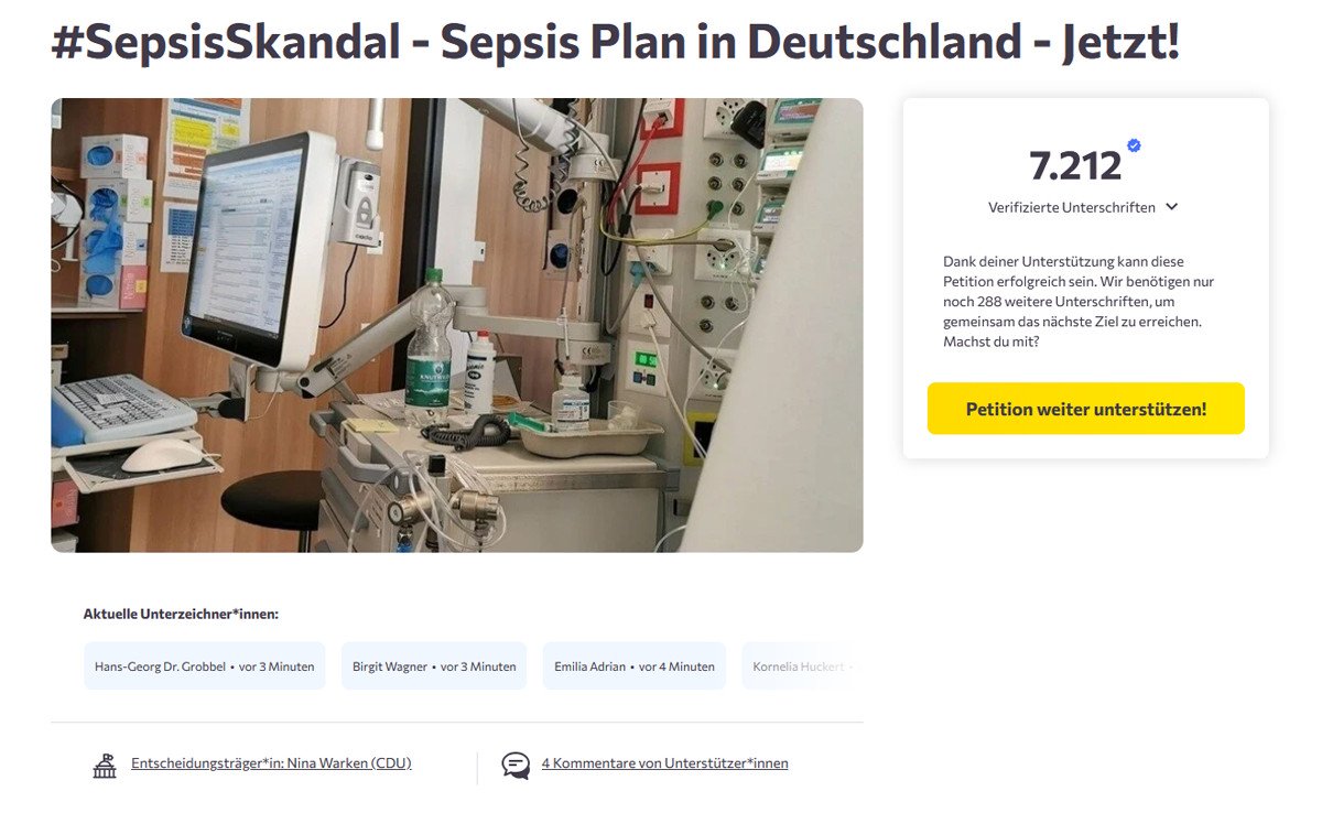 &Uuml;berleben nur aus Zufall? Petition f&uuml;r Nationalen Aktionsplan zur Bek&auml;mpfung von Sepsis